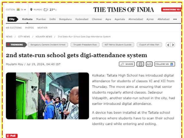 The Times of India, 19 Jul 2024 — 2nd state-run school gets digi-attendance system
